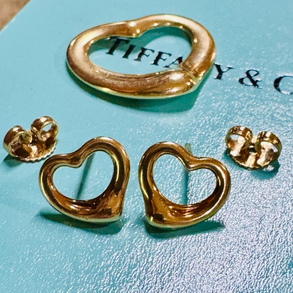 Tiffany & Co. Elsa Peretti 18k Gold Open Heart Pendant & Earrings Set